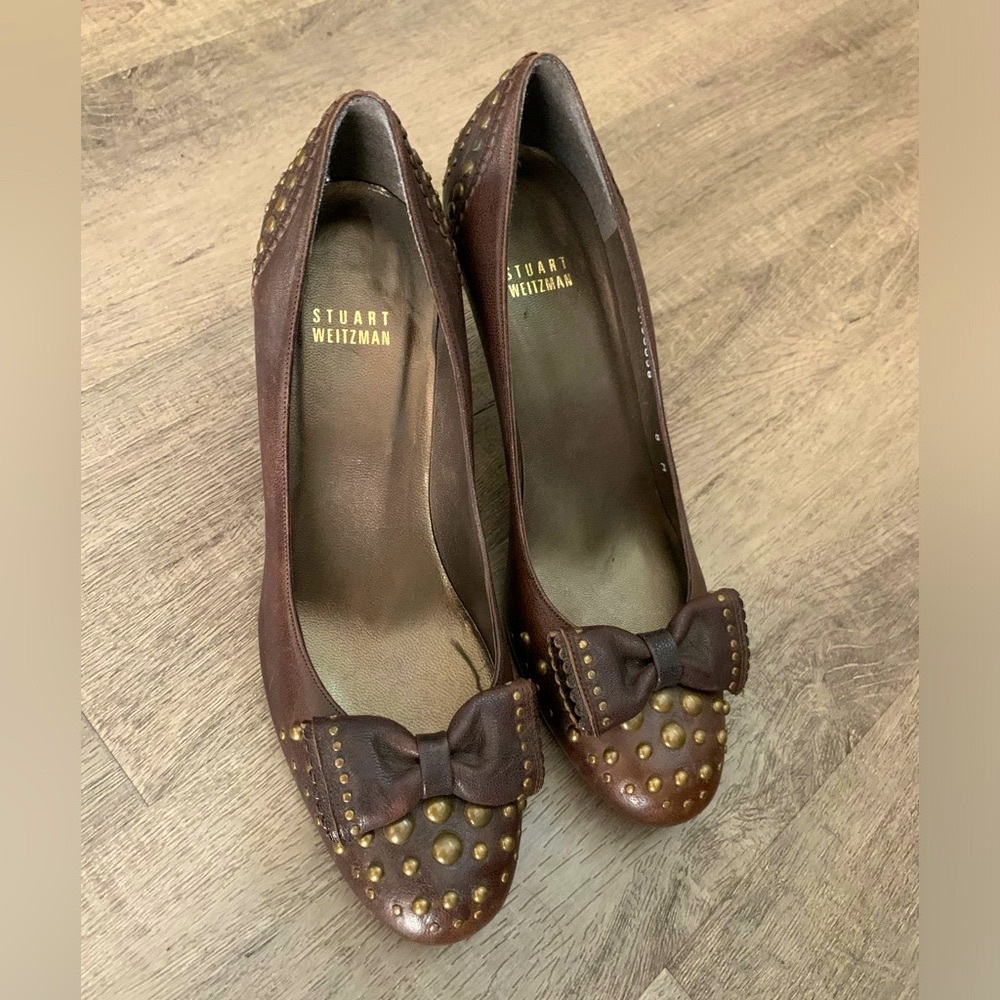 Stuart Weirzman Vintage Y2K Office siren Brown Leather Studded Bow Heels… - Picture 10 of 15